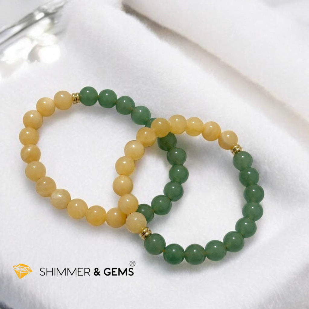 Double Luck 8mm Green Aventurine & Yellow Jade Bracelet with stainless steel rondelle 14k gold plated beads