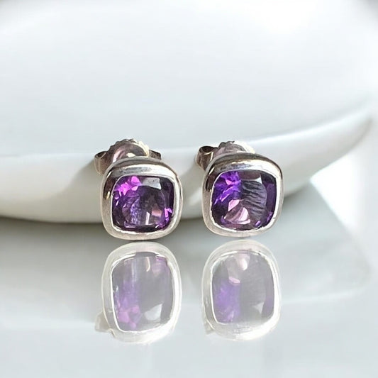 Amethyst 8mmx8mm Square Earrings- 925 Silver