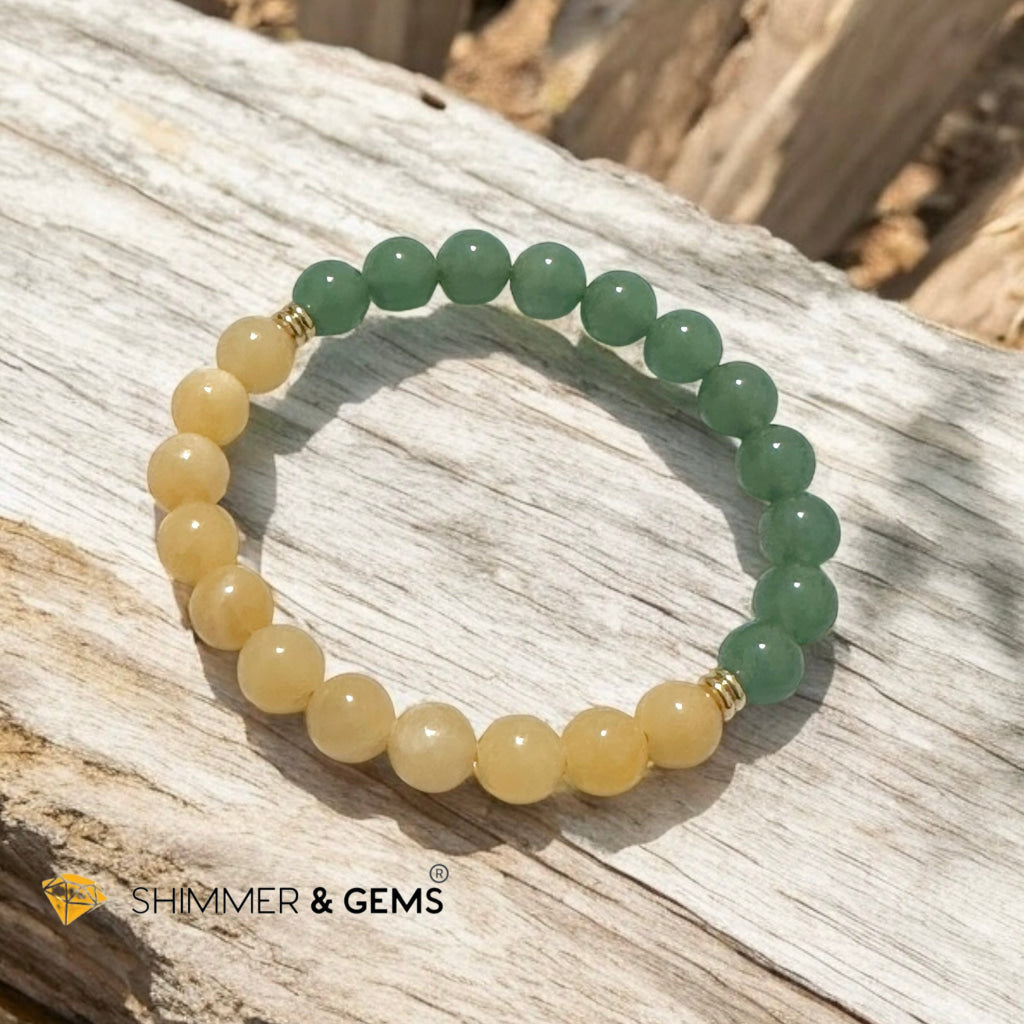 Double Luck 8mm Green Aventurine & Yellow Jade Bracelet with stainless steel rondelle 14k gold plated beads