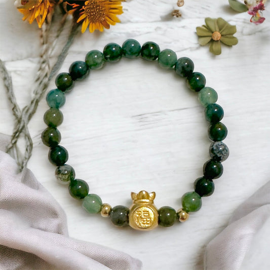 Moss Agate Money Bag Bracelet (6mm) 24K Gold Filled Brass