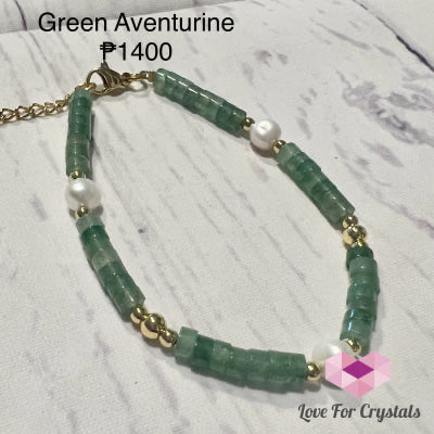 Green Aventurine with Pearl in stainless steel chain (adjustable size)