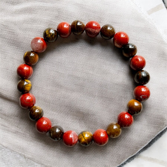 Universal Alignment 8mm Bracelet (Tiger’s Eye, Red Jasper, Ocean Jasper & Rhodonite)