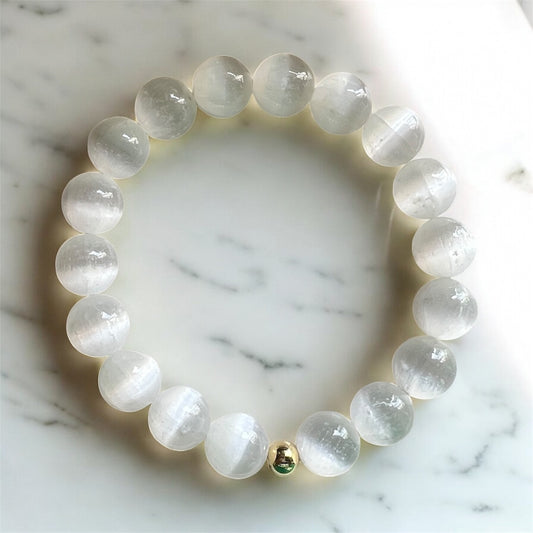Selenite Bracelet 10mm with 14k gold filled bead