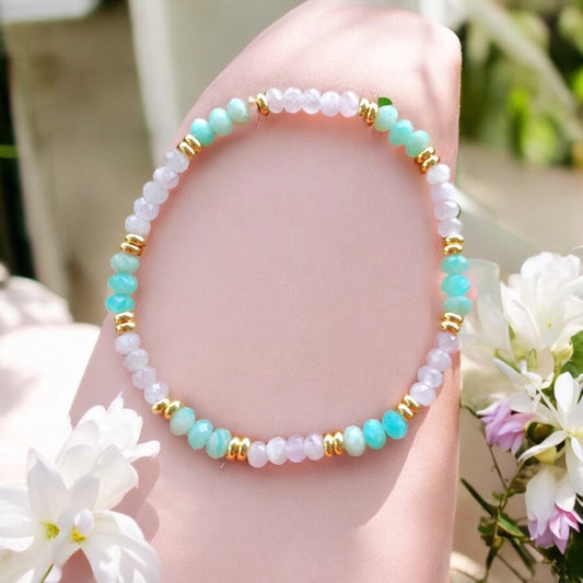 Healthy Heart Bracelet (Amazonite & Kunzite 3x4mm Rondelle) with Stainless Steel Beads