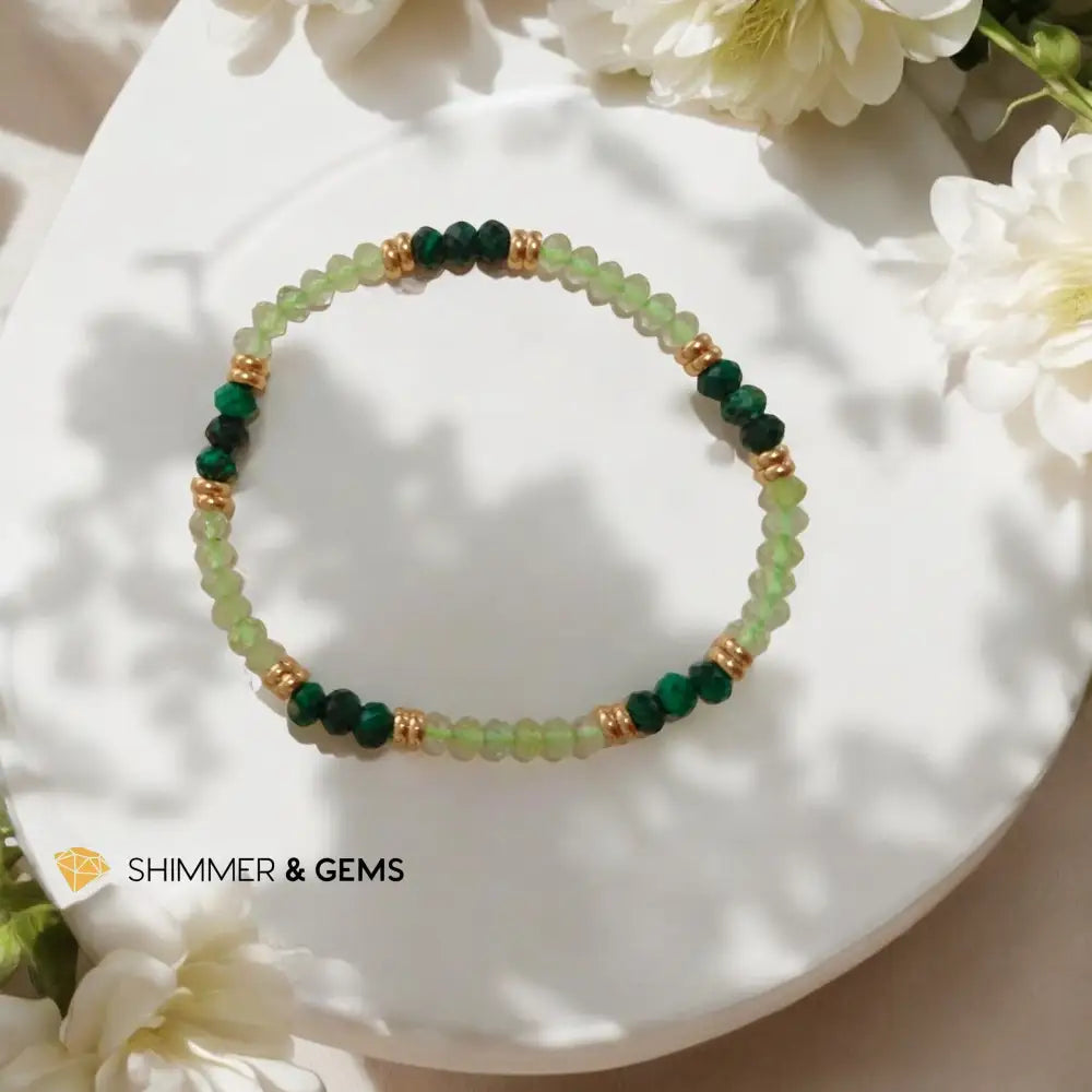 Abundance Alignment Bracelet (Prehnite & Malachite 3x4mn Rondelle) with Stainless Steel Beads 6.0” Bracelets