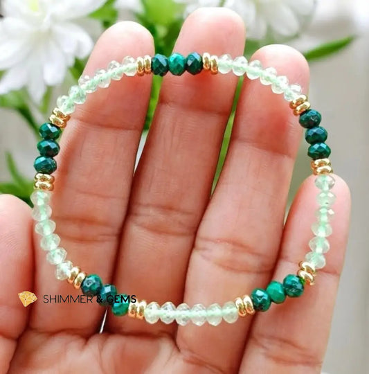 Abundance Alignment Bracelet (Prehnite & Malachite 3x4mn Rondelle) with Stainless Steel Beads 7.0” Bracelets