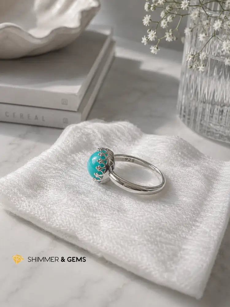 Aquamarine 8mm 925 Sterling Silver Round Ring - Adjustable Size