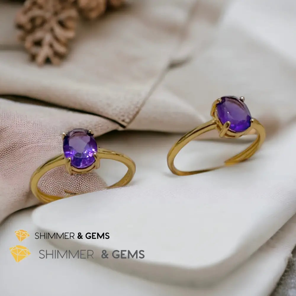 Amethyst 14k Gold Plating 925 Silver Oval Rings (Adjustable Size) 6x8mm 925 Silver Ring (Adjustable Size) Rings