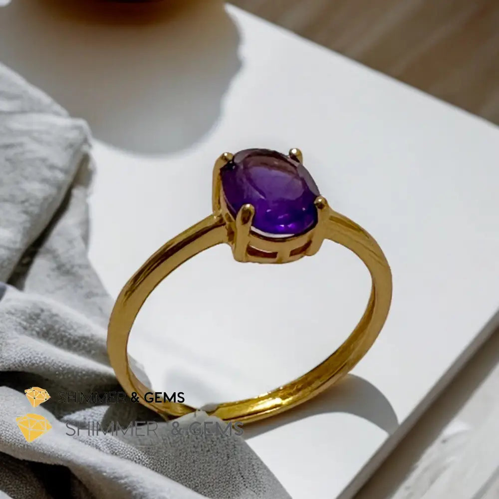 Amethyst 14k Gold Plating 925 Silver Oval Rings (Adjustable Size) 6x8mm 925 Silver Ring (Adjustable Size) Rings