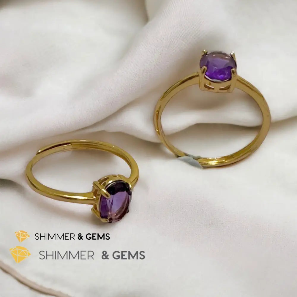 Amethyst 14k Gold Plating 925 Silver Oval Rings (Adjustable Size) 6x8mm 925 Silver Ring (Adjustable Size) Rings