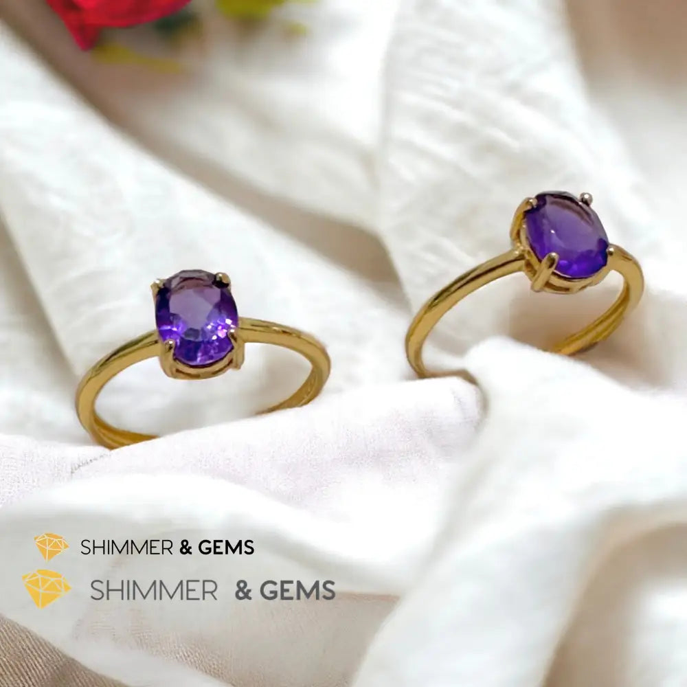 Amethyst 14k Gold Plating 925 Silver Oval Rings (Adjustable Size) 6x8mm 925 Silver Ring (Adjustable Size) Rings