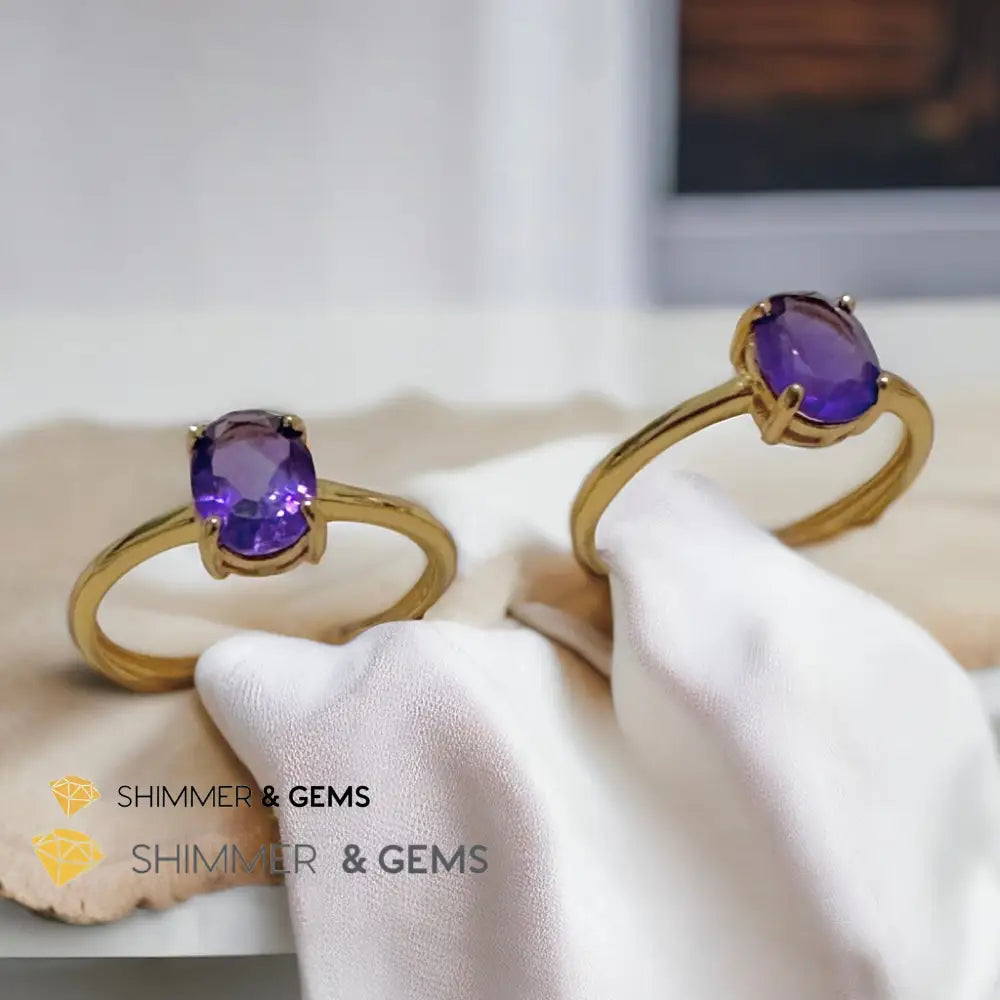 Amethyst 14k Gold Plating 925 Silver Oval Rings (Adjustable Size) 6x8mm 925 Silver Ring (Adjustable Size) Rings