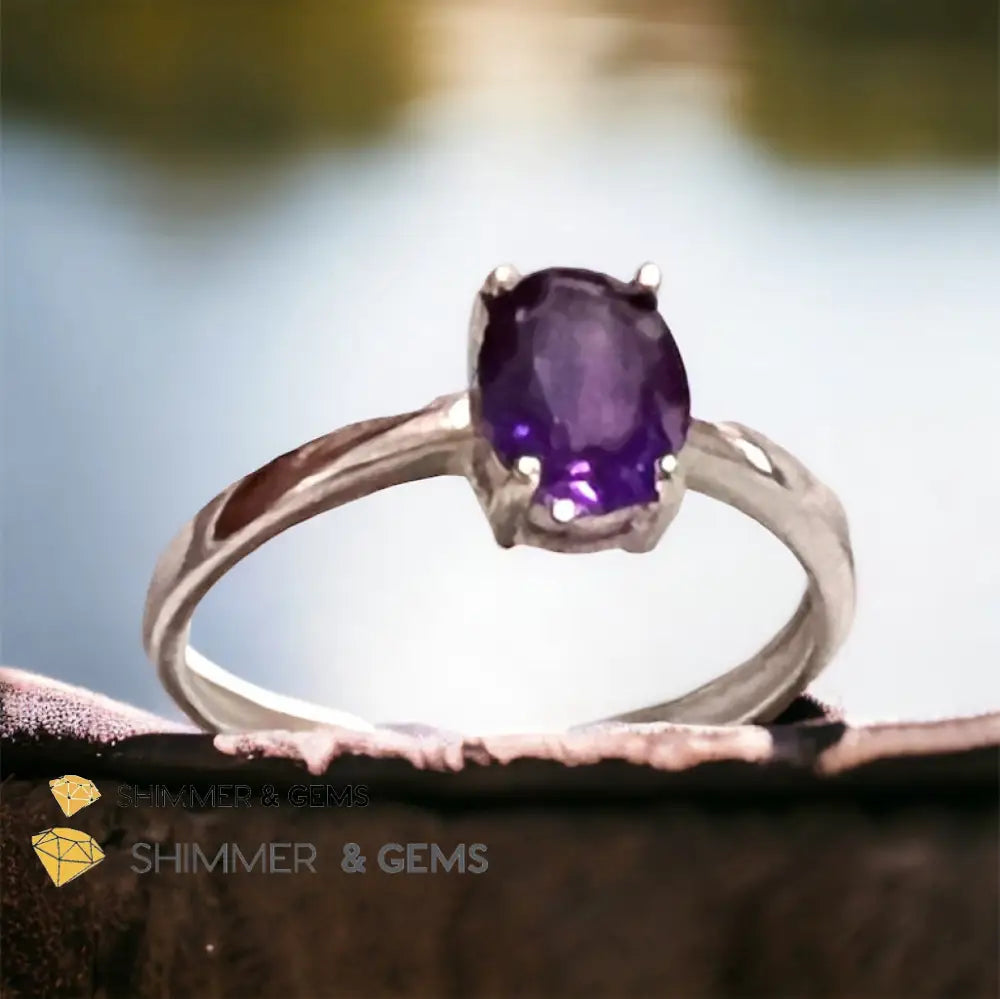 Amethyst 925 Silver Oval Rings (Adjustable Size) 6x8mm 925 Silver Ring (Adjustable Size) Rings