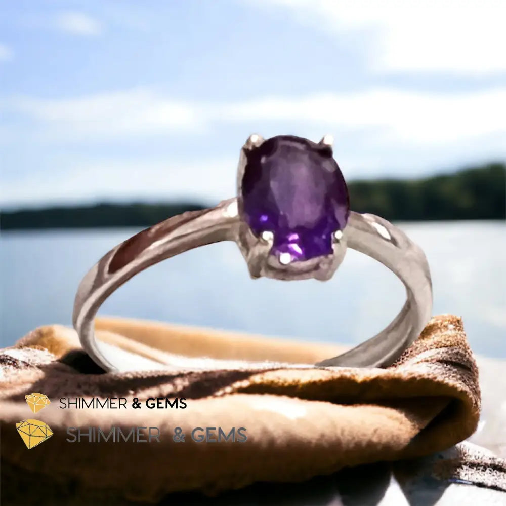 Amethyst 925 Silver Oval Rings (Adjustable Size) 6x8mm 925 Silver Ring (Adjustable Size) Rings
