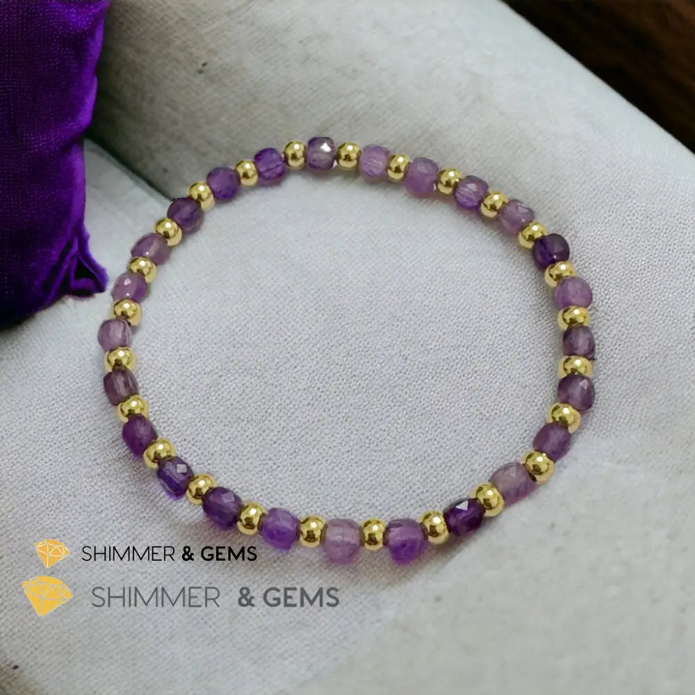 Amethyst Cube (4mm) Bracelet with Stainless Steel Beads 6” Bracelets