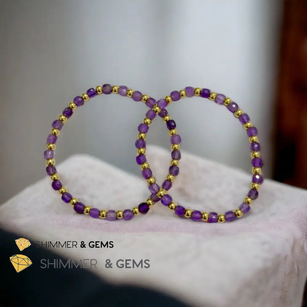 Amethyst Cube (4mm) Bracelet with Stainless Steel Beads Bracelets