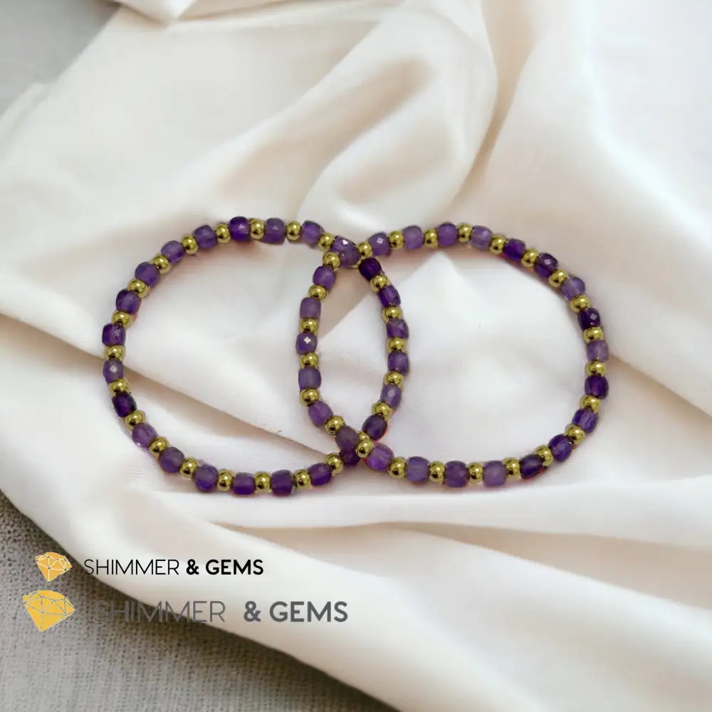 Amethyst Cube (4mm) Bracelet with Stainless Steel Beads Bracelets