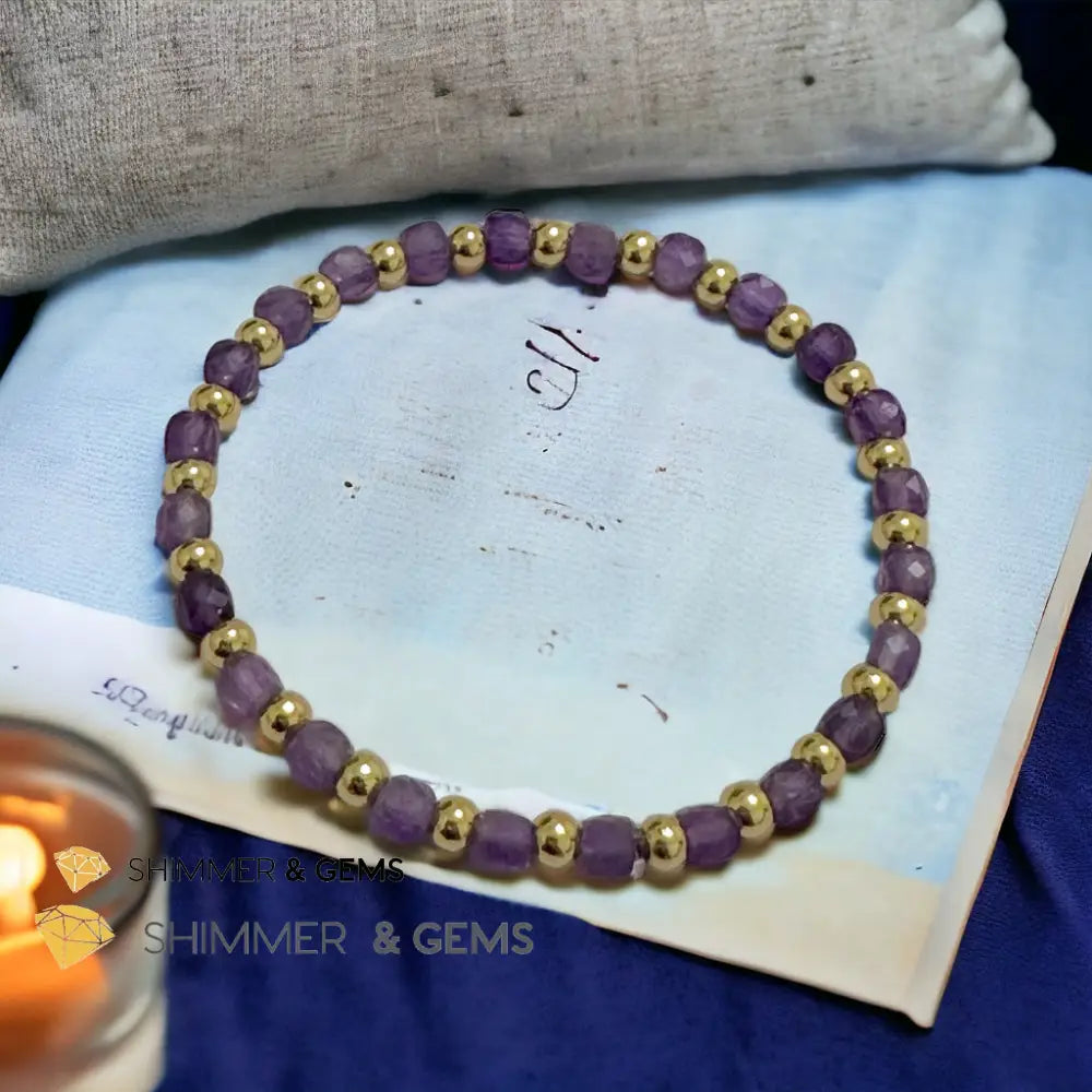 Amethyst Cube (4mm) Bracelet with Stainless Steel Beads Bracelets