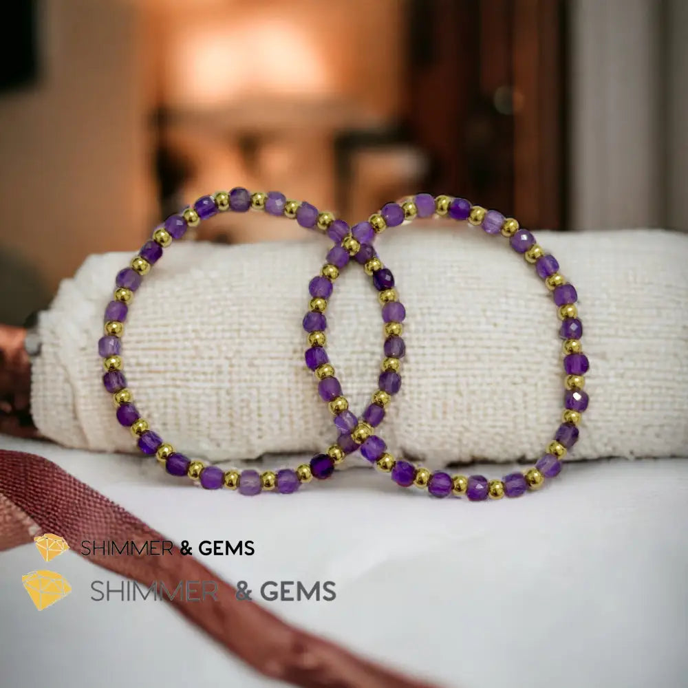Amethyst Cube (4mm) Bracelet with Stainless Steel Beads Bracelets