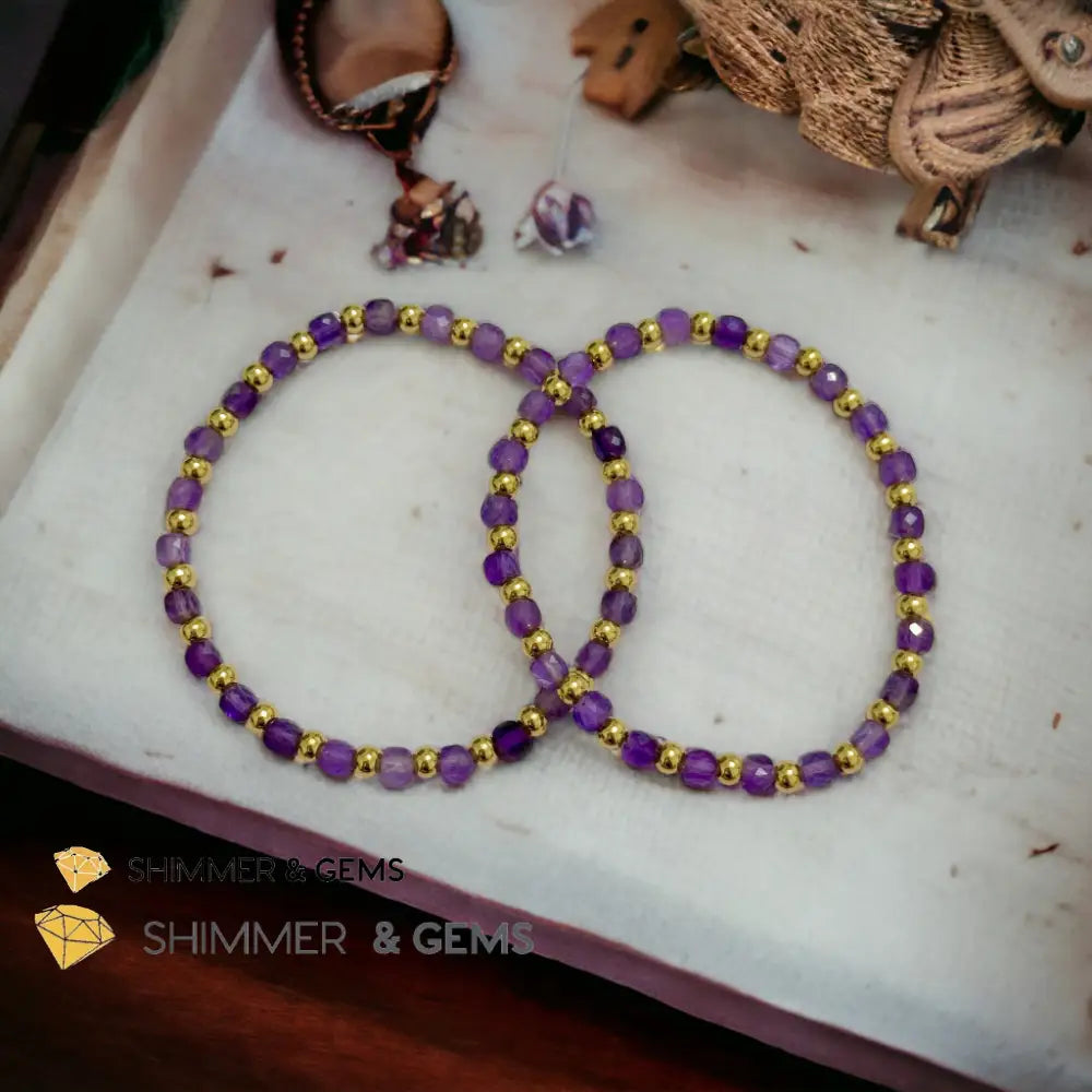 Amethyst Cube (4mm) Bracelet with Stainless Steel Beads Bracelets