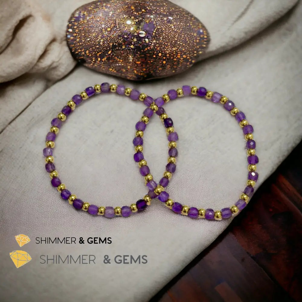 Amethyst Cube (4mm) Bracelet with Stainless Steel Beads Bracelets