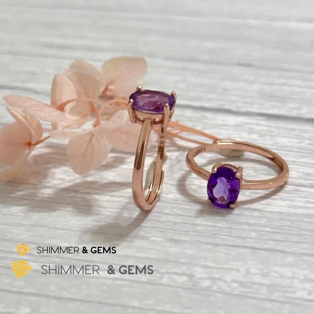 Amethyst Rose Gold Oval 925 Silver Ring (Adjustable) 6x8mm Oval Ring Adjustable Size