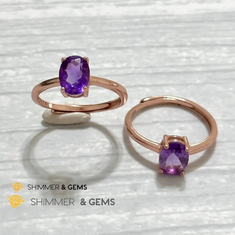 Amethyst Rose Gold Oval 925 Silver Ring (Adjustable) 6x8mm Oval Ring Adjustable Size