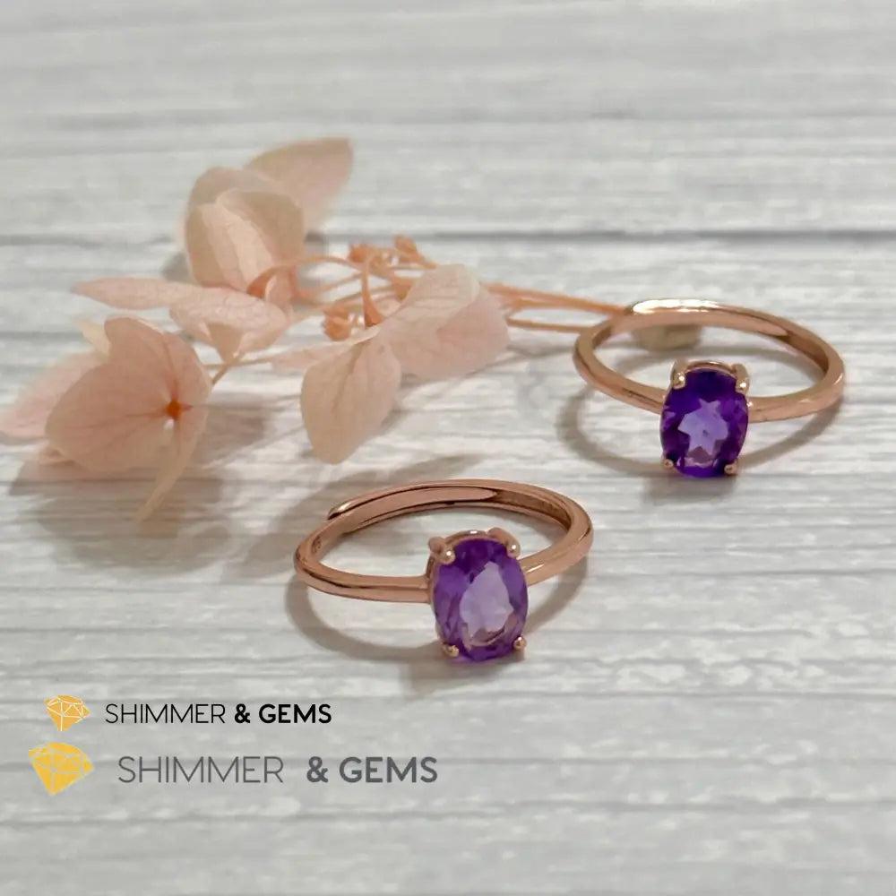 Amethyst Rose Gold Oval 925 Silver Ring (Adjustable) 6x8mm Oval Ring Adjustable Size