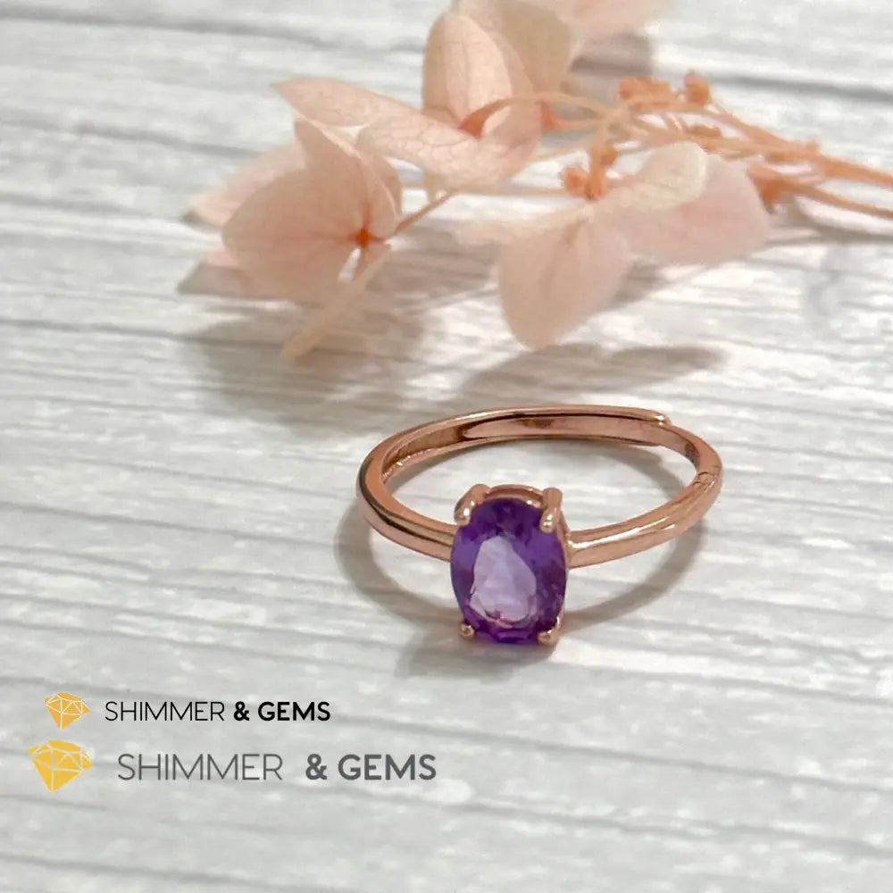 Amethyst Rose Gold Oval 925 Silver Ring (Adjustable) 6x8mm Oval Ring Adjustable Size