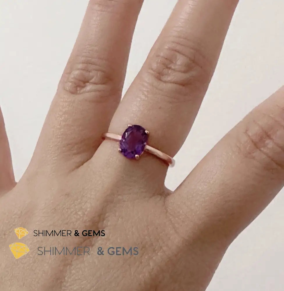 Amethyst Rose Gold Oval 925 Silver Ring (Adjustable) 6x8mm Oval Ring Adjustable Size