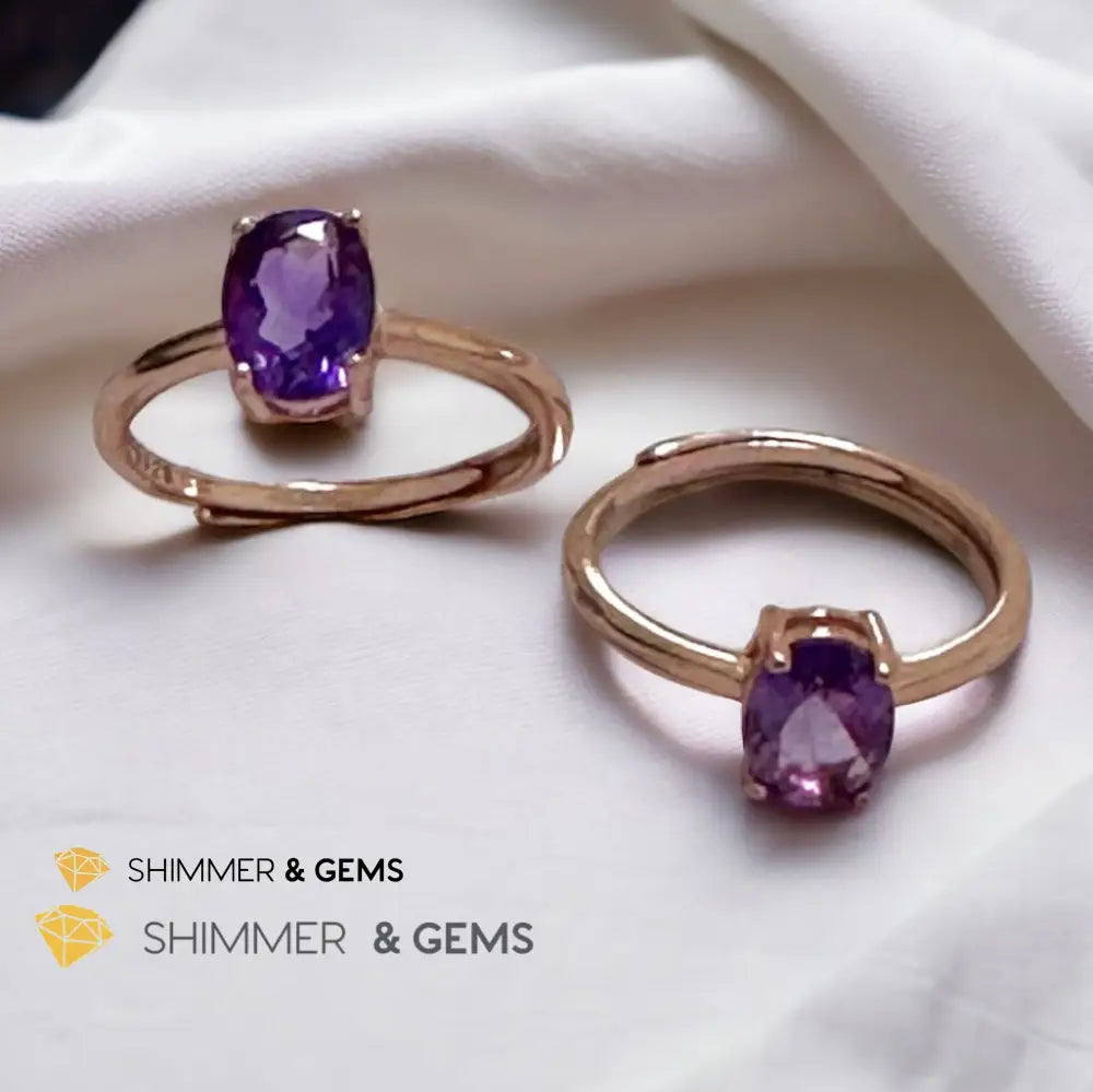 Amethyst Rose Gold Oval 925 Silver Ring (Adjustable) 6x8mm Oval Ring Adjustable Size