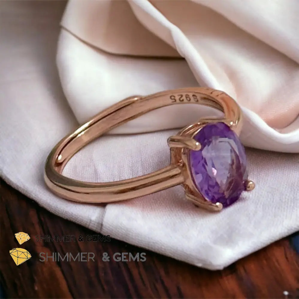 Amethyst Rose Gold Oval 925 Silver Ring (Adjustable) 6x8mm Oval Ring Adjustable Size