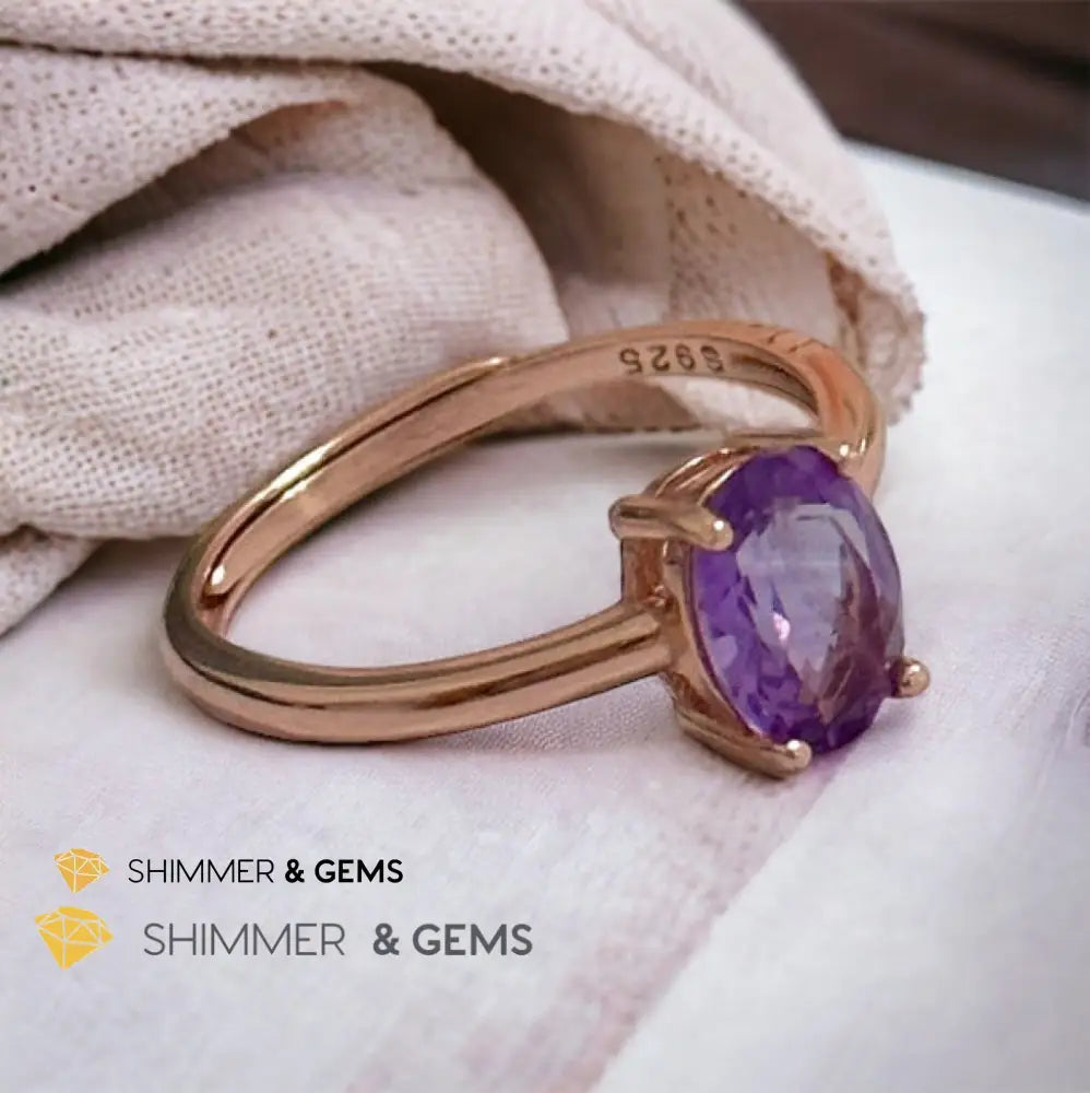 Amethyst Rose Gold Oval 925 Silver Ring (Adjustable) 6x8mm Oval Ring Adjustable Size
