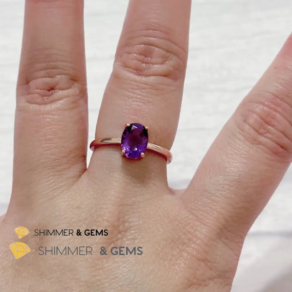 Amethyst Rose Gold Oval 925 Silver Ring (Adjustable) 6x8mm Oval Ring Adjustable Size