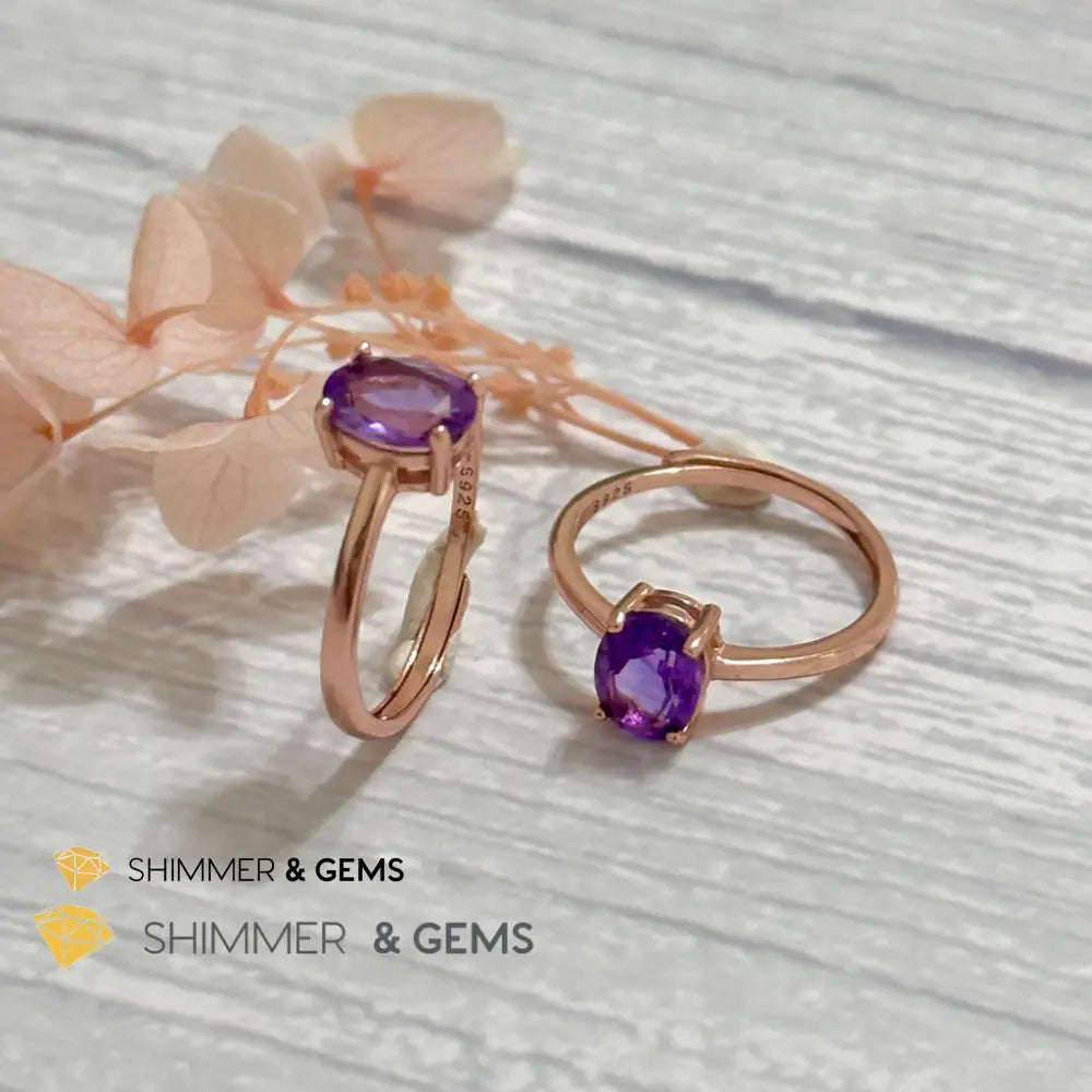 Amethyst Rose Gold Oval 925 Silver Ring (Adjustable) 6x8mm Oval Ring Adjustable Size