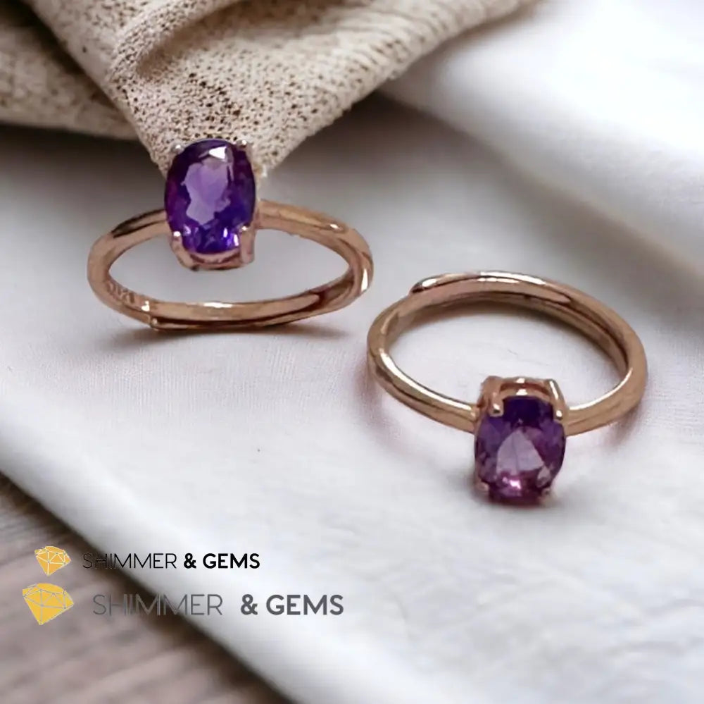 Amethyst Rose Gold Oval 925 Silver Ring (Adjustable) 6x8mm Oval Ring Adjustable Size