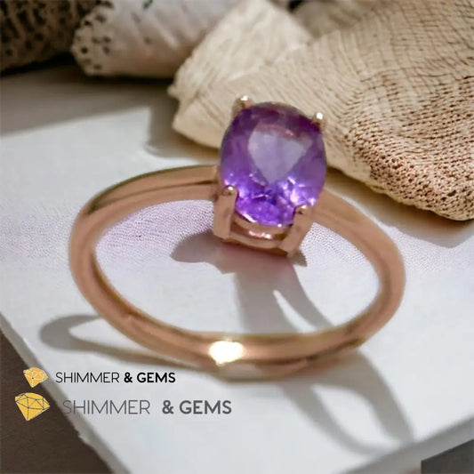 Amethyst Rose Gold Oval 925 Silver Ring (Adjustable) 6x8mm Oval Ring Adjustable Size