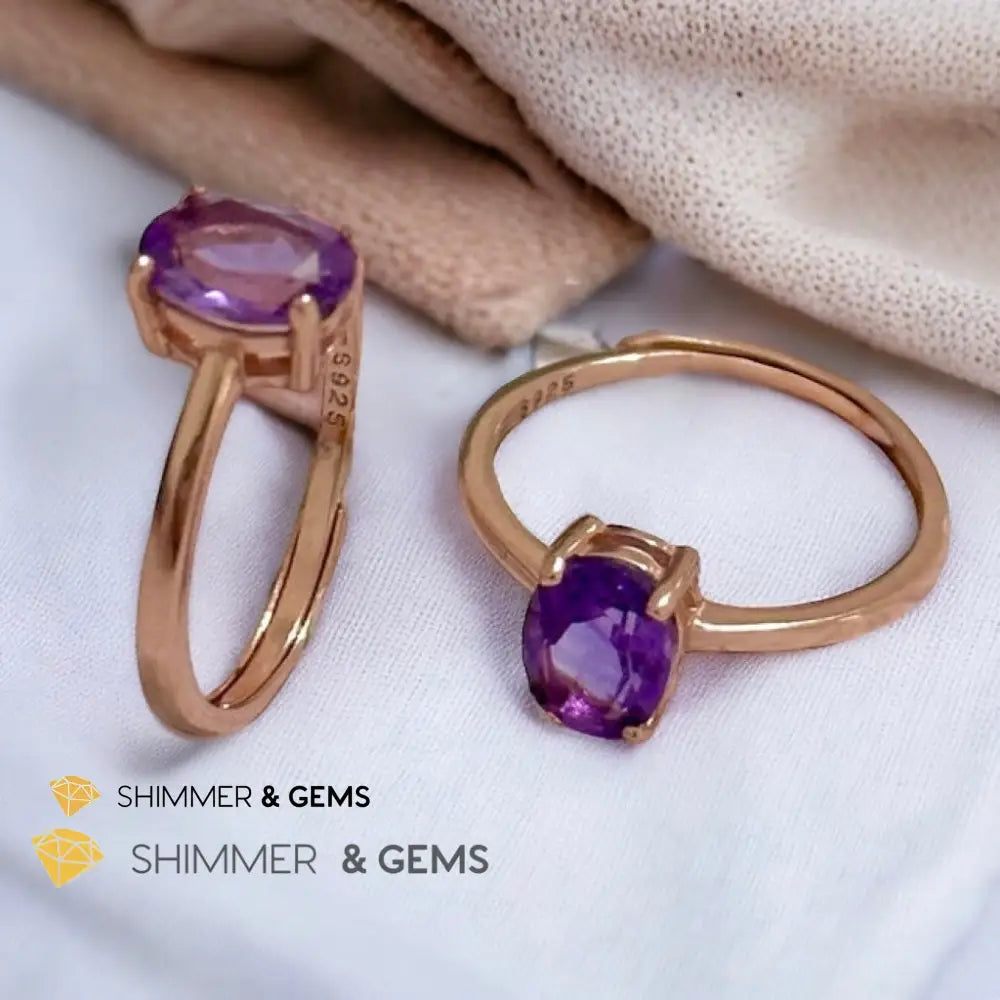 Amethyst Rose Gold Oval 925 Silver Ring (Adjustable) 6x8mm Oval Ring Adjustable Size