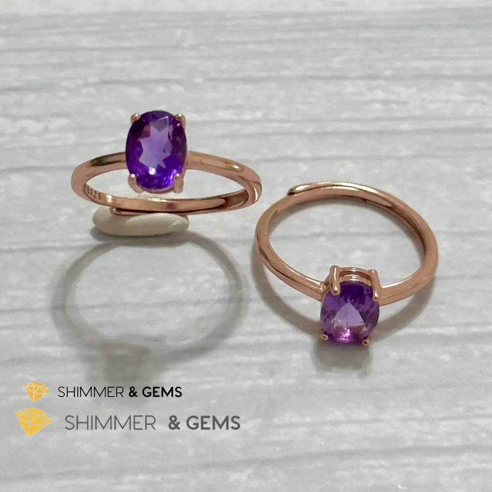Amethyst Rose Gold Oval 925 Silver Ring (Adjustable) 6x8mm Oval Ring Adjustable Size