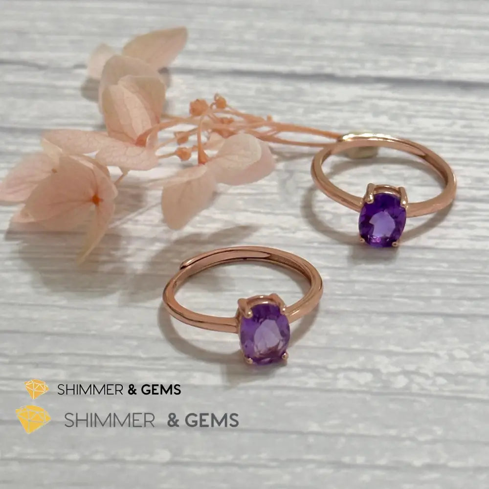Amethyst Rose Gold Oval 925 Silver Ring (Adjustable) 6x8mm Oval Ring Adjustable Size