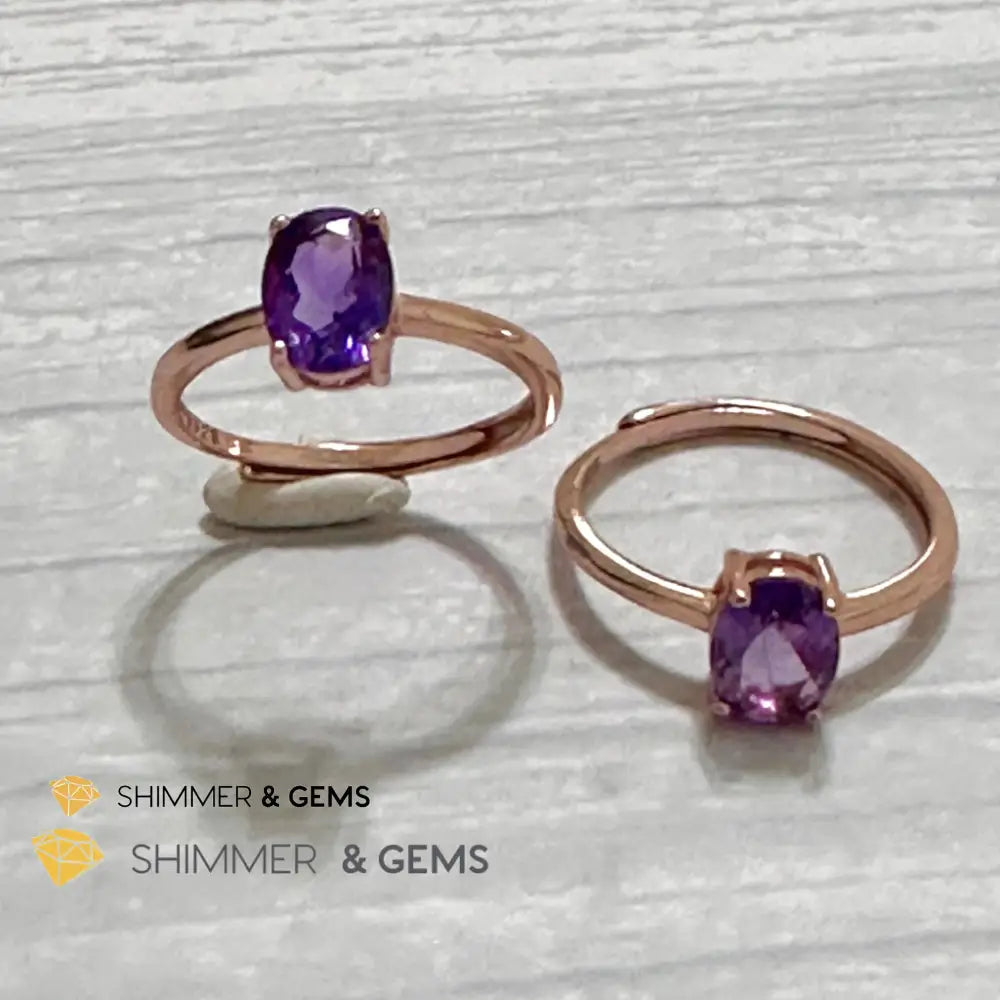 Amethyst Rose Gold Oval 925 Silver Ring (Adjustable) 6x8mm Oval Ring Adjustable Size