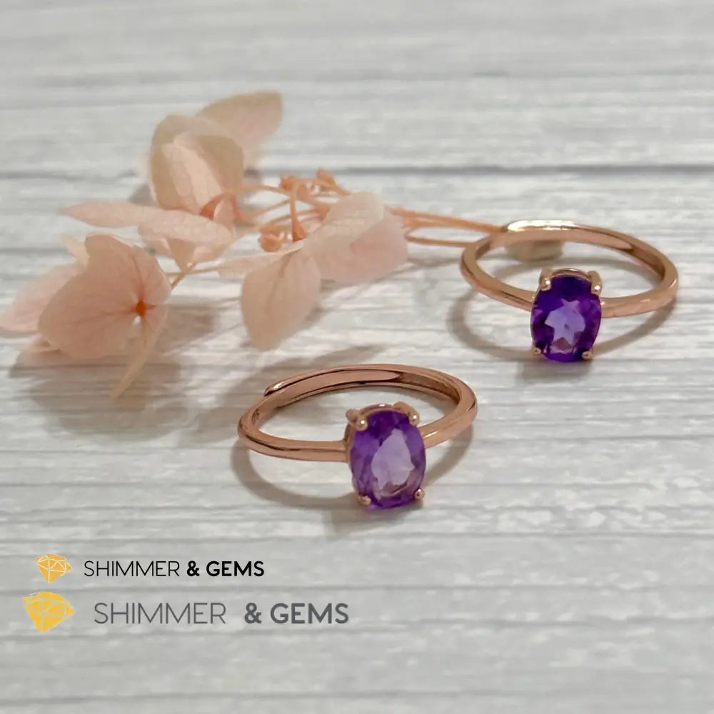 Amethyst Rose Gold Oval 925 Silver Ring (Adjustable) 6x8mm Oval Ring Adjustable Size