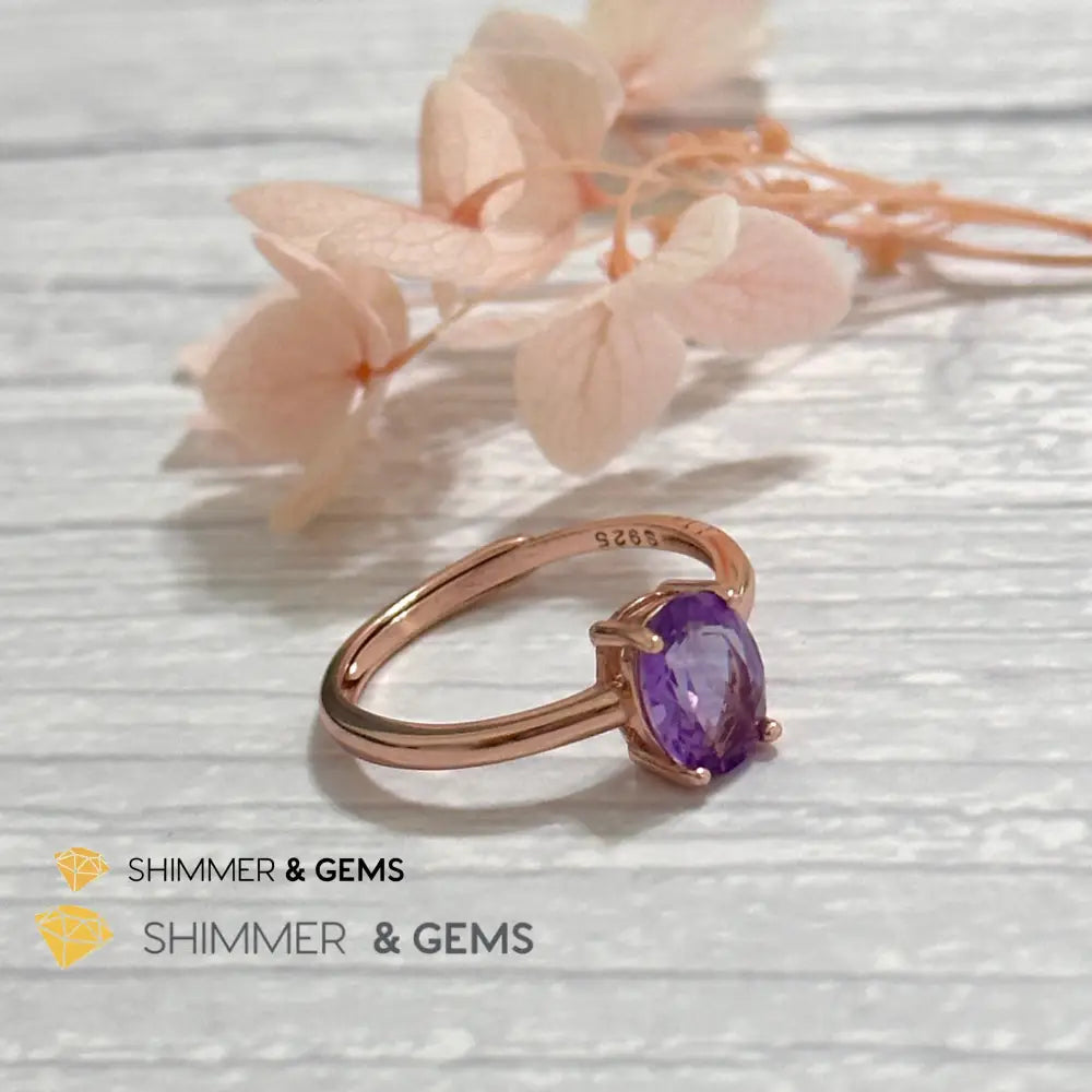 Amethyst Rose Gold Oval 925 Silver Ring (Adjustable) 6x8mm Oval Ring Adjustable Size