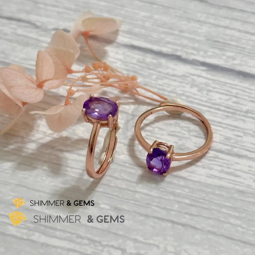 Amethyst Rose Gold Oval 925 Silver Ring (Adjustable) 6x8mm Oval Ring Adjustable Size