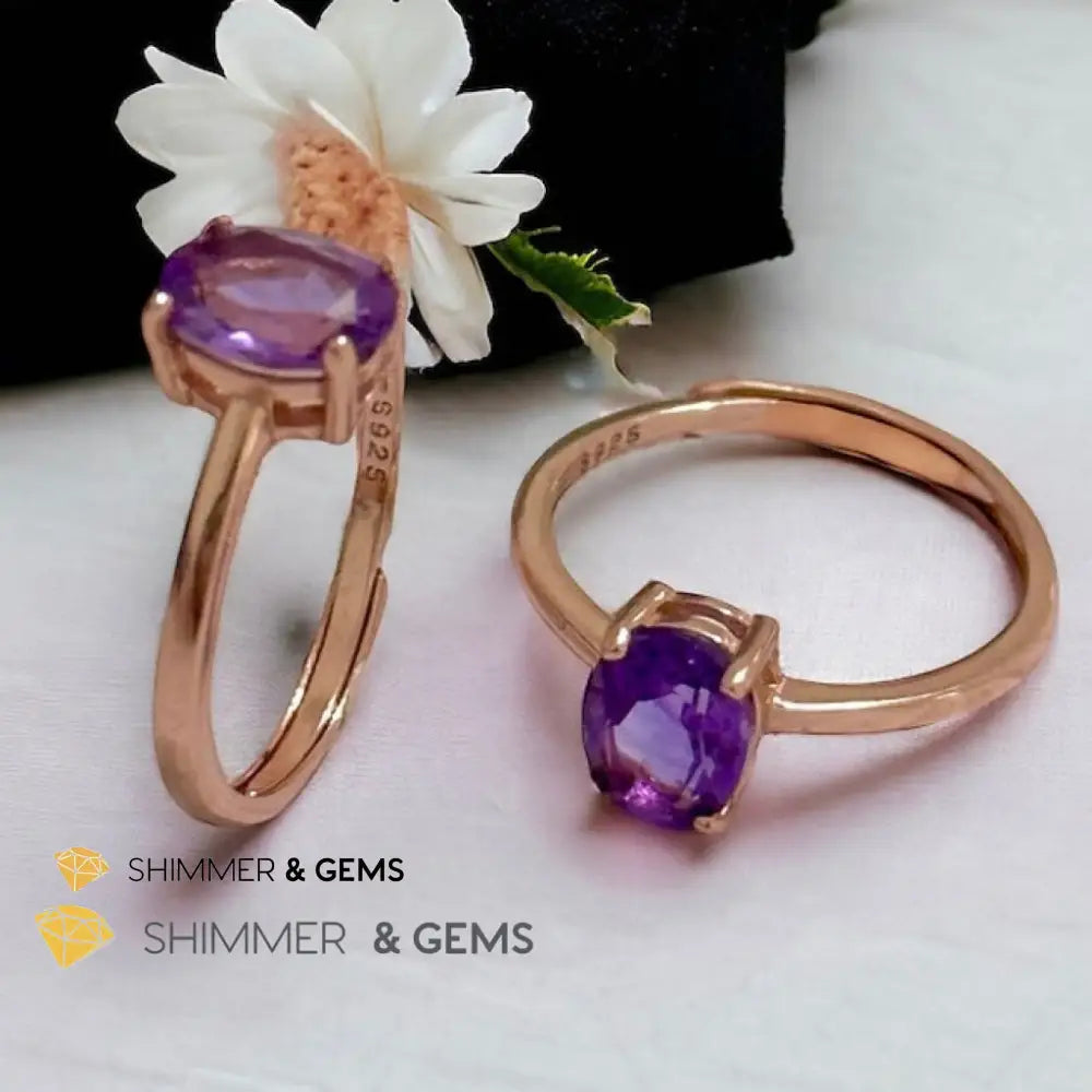 Amethyst Rose Gold Oval 925 Silver Ring (Adjustable) 6x8mm Oval Ring Adjustable Size