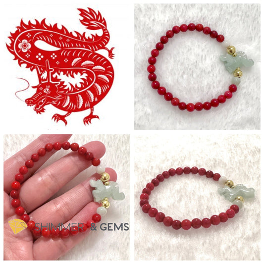 Animal Zodiac DRAGON Burma Jade with Red Coral Bracelet (Feng Shui 2024)