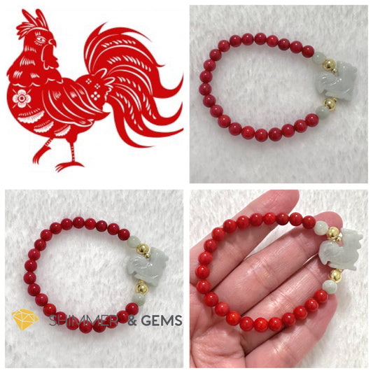 Animal Zodiac ROOSTER Burma Jade with Red Coral Bracelet (Feng Shui 2024)