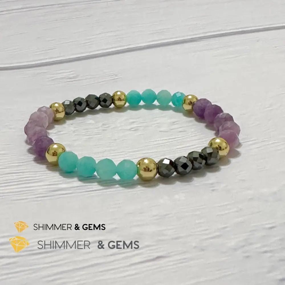 Anti-Depression Remedy Bracelet (Lepidolite Hematite & Amazonite 6mm with 14k gold filled beads)