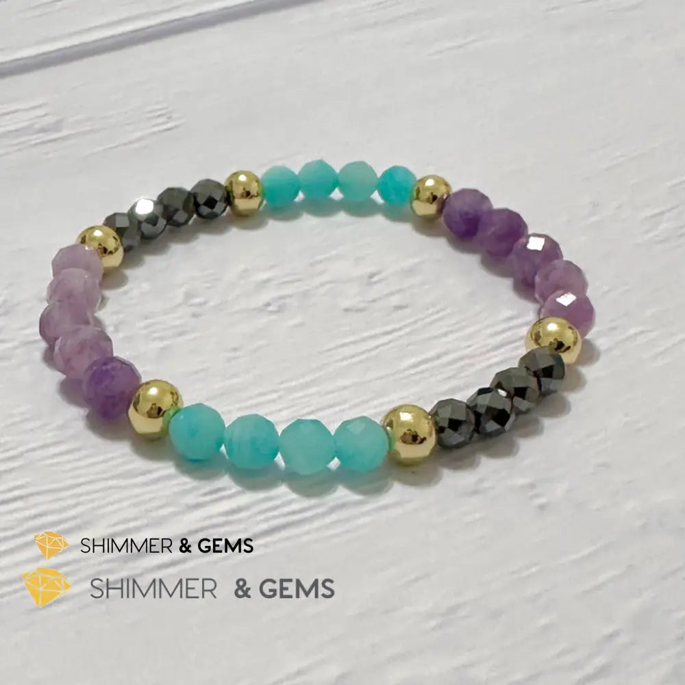 Anti-Depression Remedy Bracelet (Lepidolite Hematite & Amazonite 6mm with 14k gold filled beads)