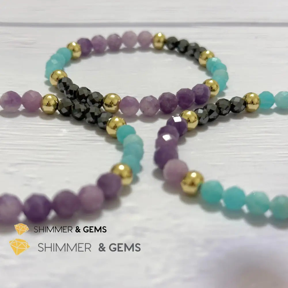 Anti-Depression Remedy Bracelet (Lepidolite Hematite & Amazonite 6mm with 14k gold filled beads)